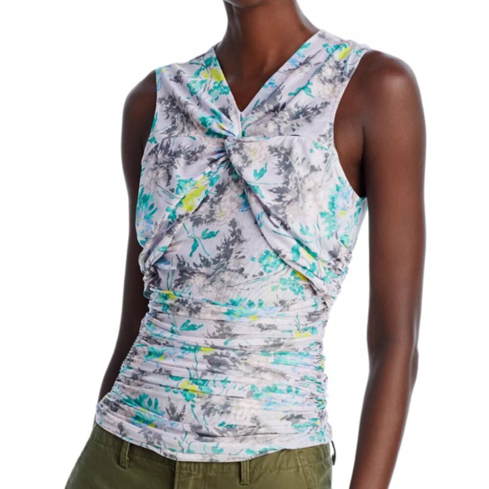 Cinq à Sept 'Aniya' Sleeveless Floral Stretch-Mesh Ruched Top, Pastel Multi